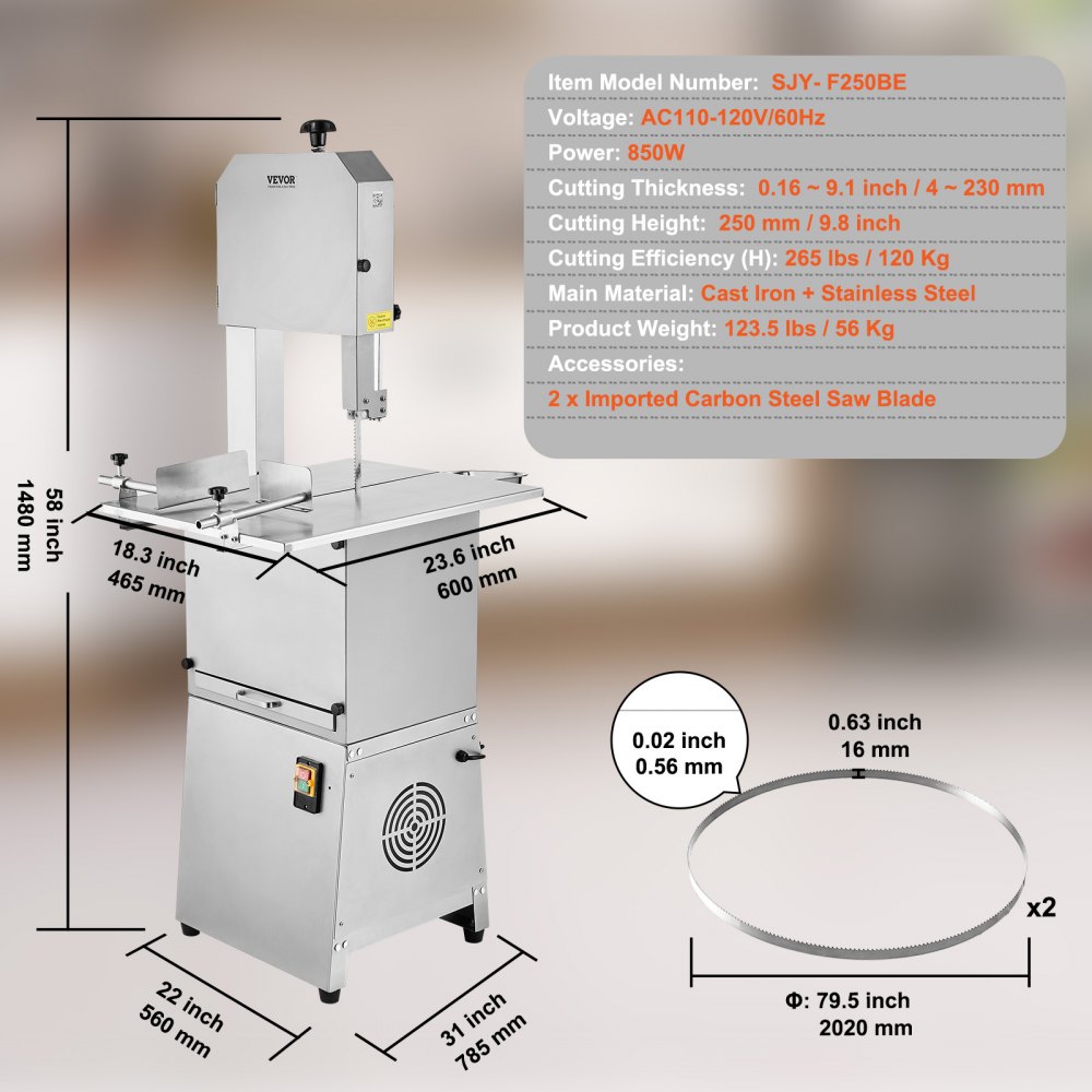 Sierra de cinta eléctrica comercial para carne VEVOR, 850 W, sierra vertical para huesos de acero inoxidable, Workbeach de 59,5 x 46,8 cm, grosor de corte de 4,1 a 23,1 cm, cortadora de carne congelada con 2 cuchillas para costillas de cerdo y res.