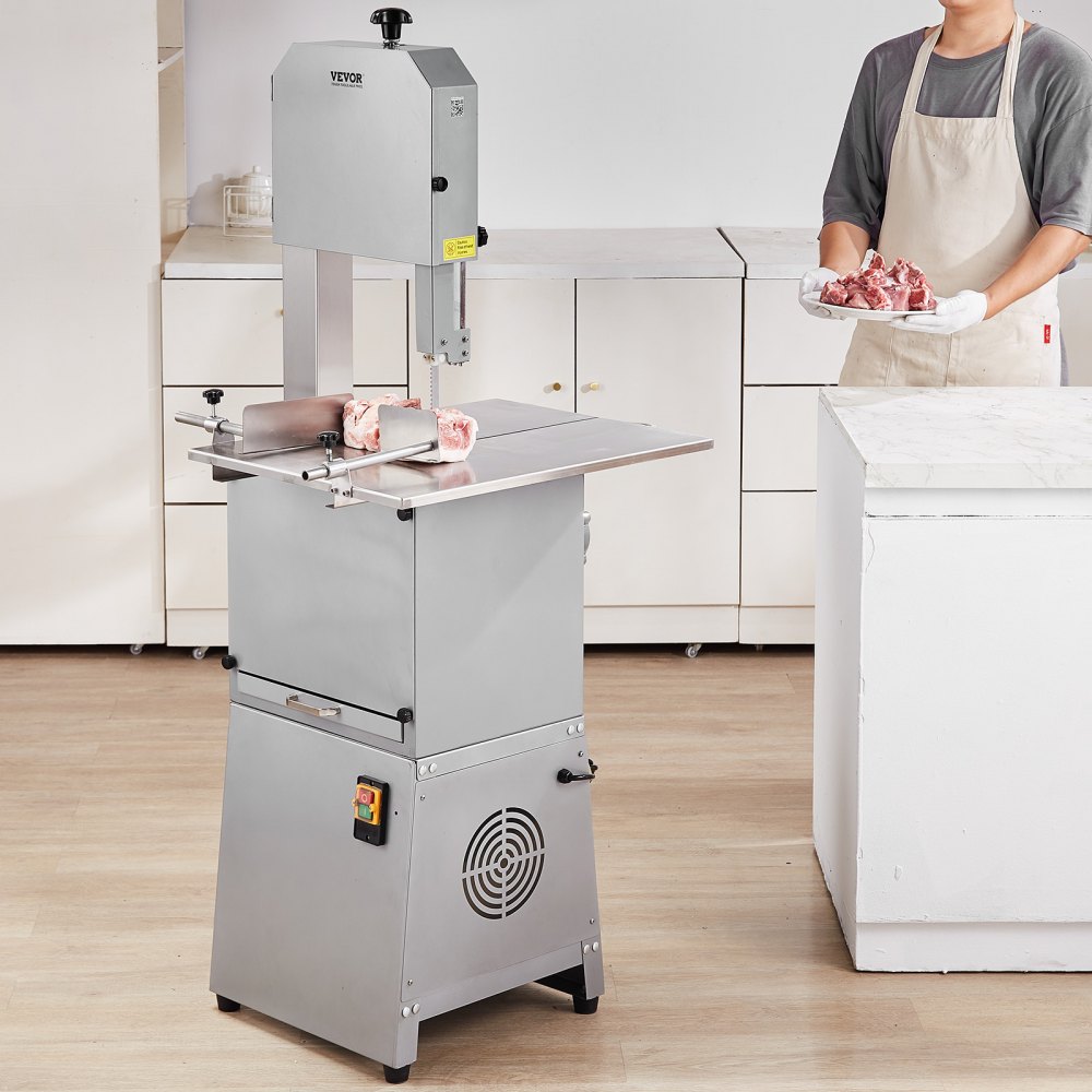 Sierra de cinta eléctrica comercial para carne VEVOR, 850 W, sierra vertical para huesos de acero inoxidable, Workbeach de 59,5 x 46,8 cm, grosor de corte de 4,1 a 23,1 cm, cortadora de carne congelada con 2 cuchillas para costillas de cerdo y res.