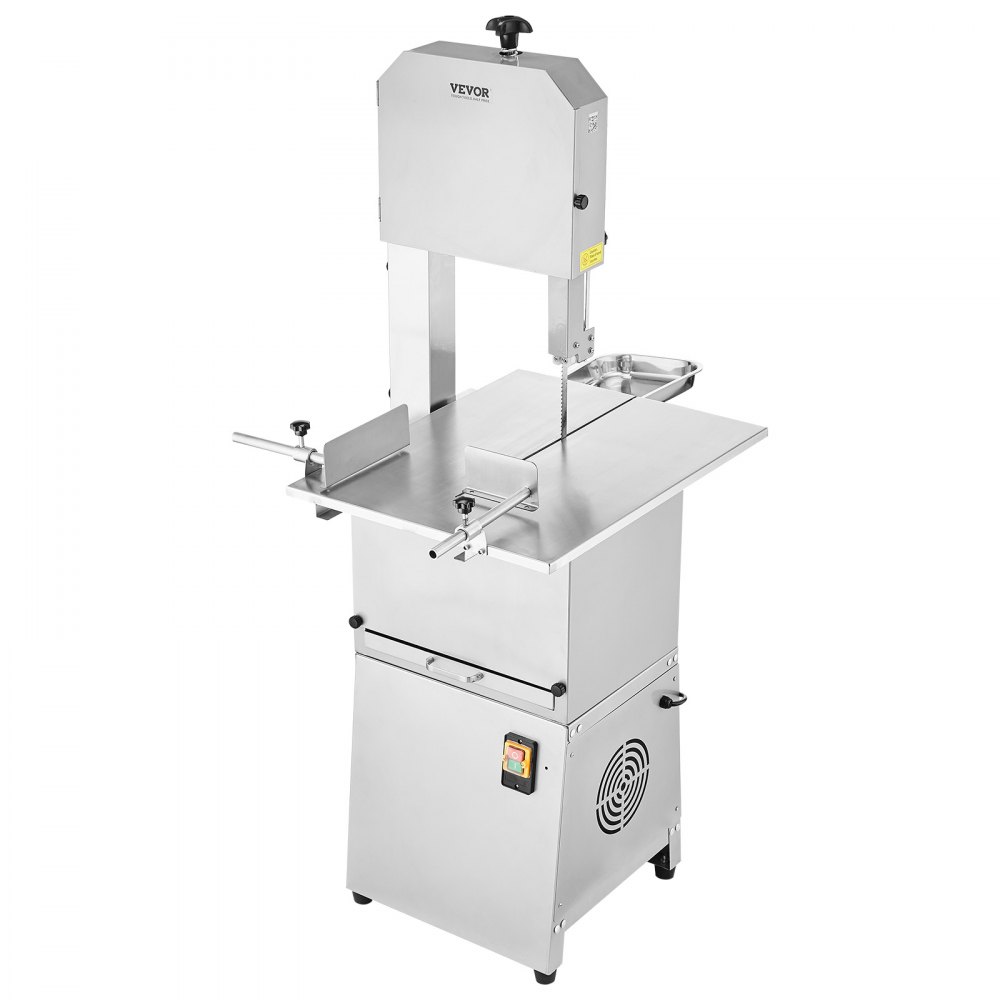 Sierra de cinta eléctrica comercial para carne VEVOR, 850 W, sierra vertical para huesos de acero inoxidable, Workbeach de 59,5 x 46,8 cm, grosor de corte de 4,1 a 23,1 cm, cortadora de carne congelada con 2 cuchillas para costillas de cerdo y res.
