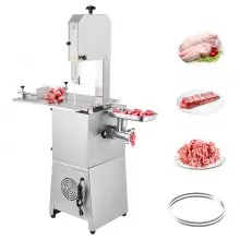 Sierra de cinta eléctrica comercial para carne VEVOR, 850 W, sierra vertical para huesos de acero inoxidable, Workbeach de 59,5 x 46,8 cm, grosor de corte de 4,1 a 23,1 cm, cortadora de carne congelada con 2 cuchillas para costillas de cerdo y res.