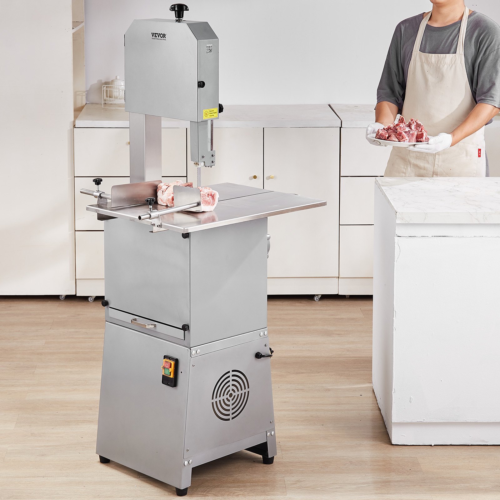 Sierra de cinta eléctrica comercial para carne VEVOR, 850 W, sierra vertical para huesos de acero inoxidable, Workbeach de 59,5 x 46,8 cm, grosor de corte de 4,1 a 23,1 cm, cortadora de carne congelada con 2 cuchillas para costillas de cerdo y res.