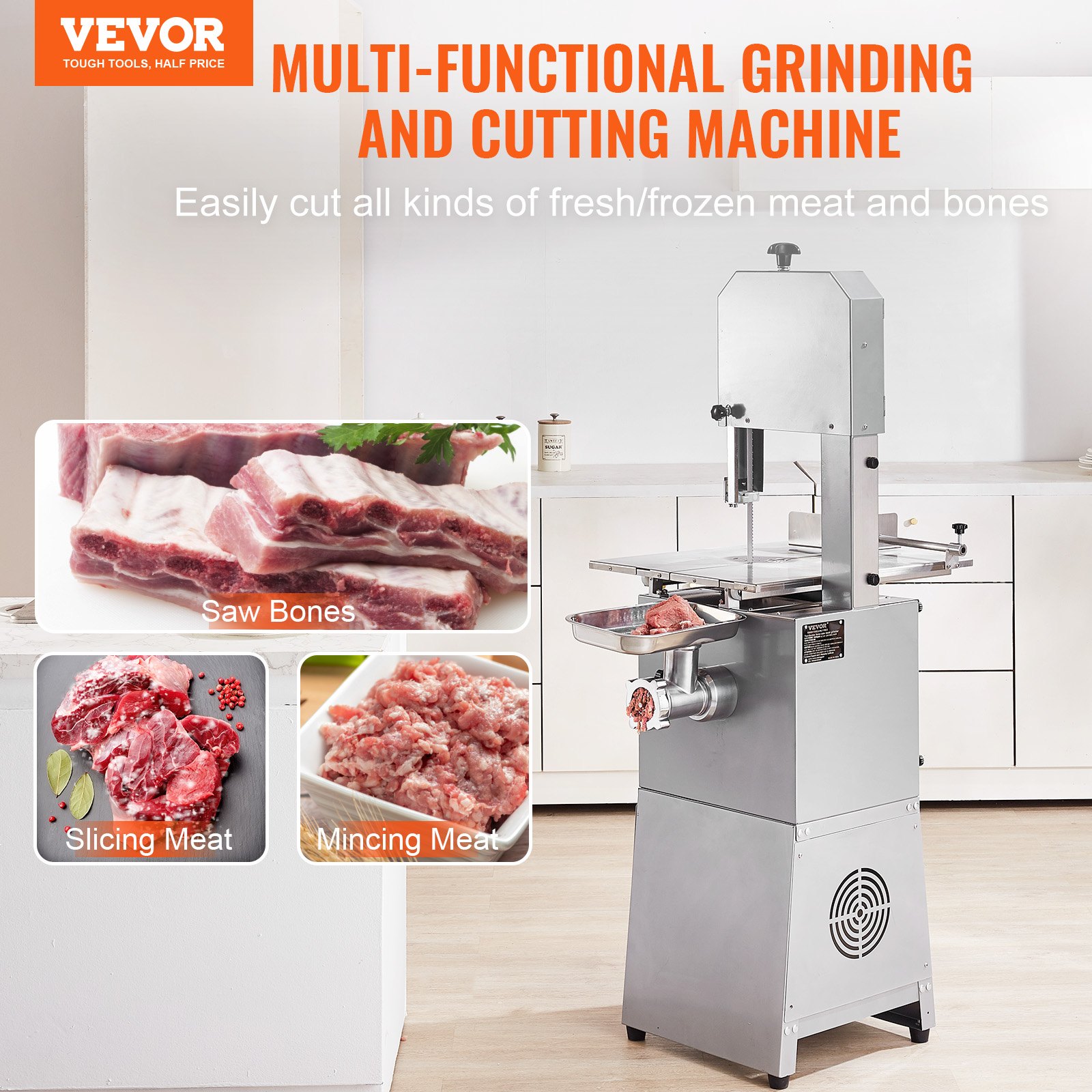 Sierra de cinta eléctrica comercial para carne VEVOR, 850 W, sierra vertical para huesos de acero inoxidable, Workbeach de 59,5 x 46,8 cm, grosor de corte de 4,1 a 23,1 cm, cortadora de carne congelada con 2 cuchillas para costillas de cerdo y res.