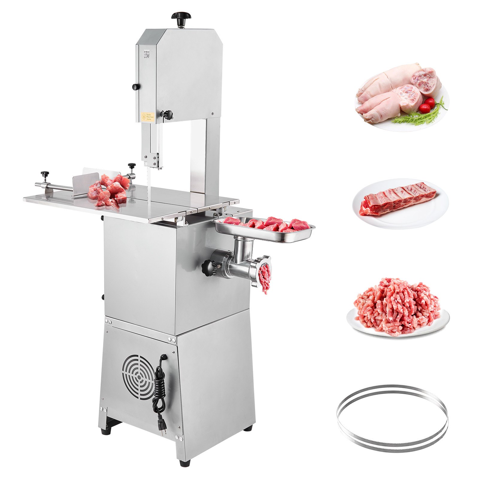 Sierra de cinta eléctrica comercial para carne VEVOR, 850 W, sierra vertical para huesos de acero inoxidable, Workbeach de 59,5 x 46,8 cm, grosor de corte de 4,1 a 23,1 cm, cortadora de carne congelada con 2 cuchillas para costillas de cerdo y res.