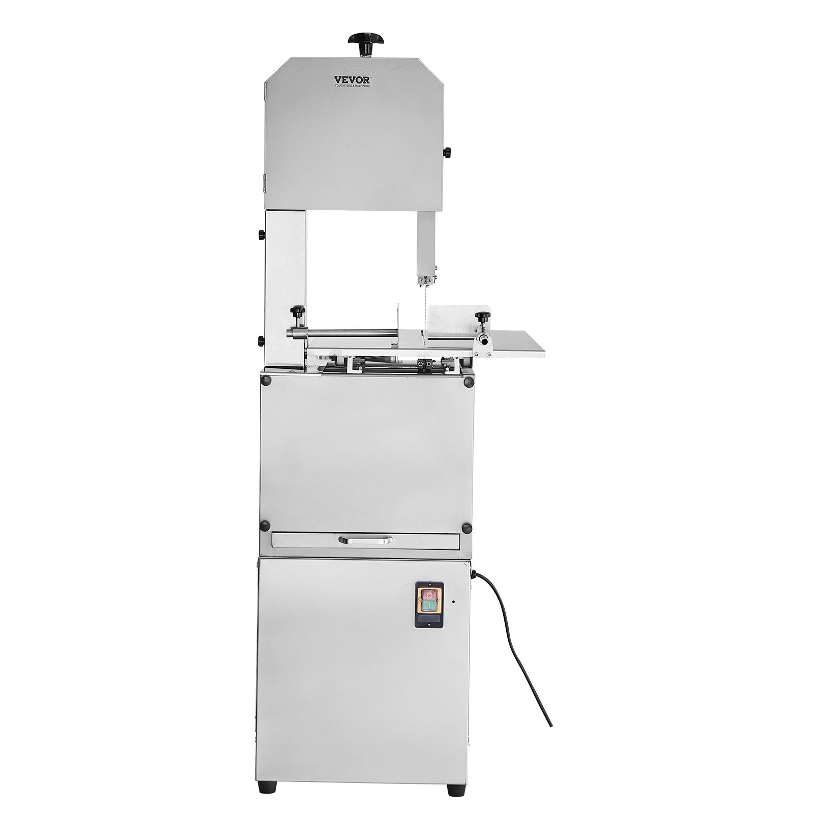 Sierra de cinta eléctrica comercial para carne VEVOR, 850 W, sierra vertical para huesos de acero inoxidable, Workbeach de 59,5 x 46,8 cm, grosor de corte de 4,1 a 23,1 cm, cortadora de carne congelada con 2 cuchillas para costillas de cerdo y res.