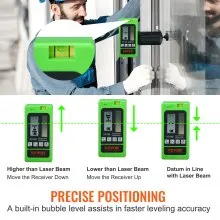 VEVOR Receptor láser para nivel láser, rango de trabajo de 197 pies, láser verde y detector de haz rojo para láseres de línea pulsantes, altavoz ajustable y pantalla LCD dual y nivel de burbuja incorporado, abrazadera incluida