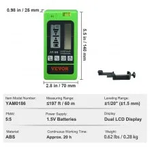 VEVOR Receptor láser para nivel láser, rango de trabajo de 197 pies, láser verde y detector de haz rojo para láseres de línea pulsantes, altavoz ajustable y pantalla LCD dual y nivel de burbuja incorporado, abrazadera incluida