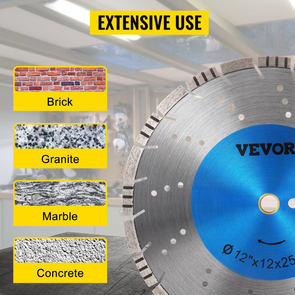 Hoja de sierra de diamante VEVOR de 12" para hormigón, disco de corte segmentado en seco o húmedo, hoja de sierra húmeda para mampostería, sierra eléctrica de uso general, hoja de segmento de 12 mm, hojas de diamante para hormigón, ladrillo, bloque y mampostería.