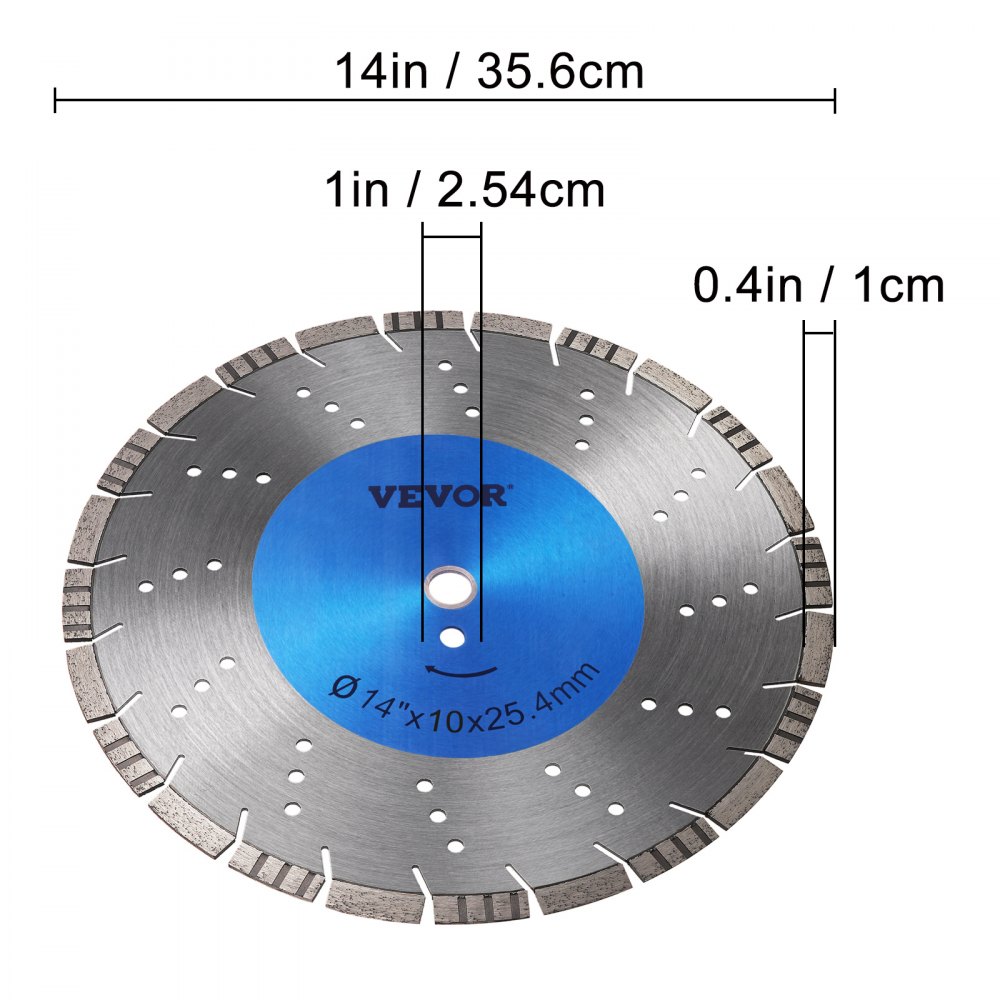 Hoja de sierra de diamante VEVOR de 14" para hormigón, disco de corte segmentado en seco o húmedo, hoja de sierra húmeda para mampostería, sierra eléctrica de uso general, hoja de segmento de 0,39" de alto, hojas de diamante para hormigón, ladrillo, bloque y mampostería.