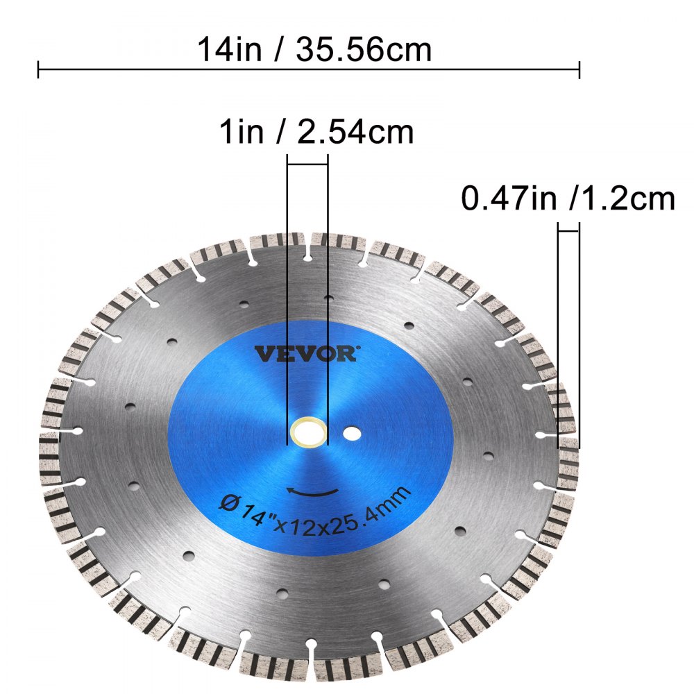 Hoja de sierra de diamante VEVOR de 14" para hormigón, disco de corte segmentado en seco o húmedo, hoja de sierra húmeda para mampostería, sierra eléctrica de uso general, hoja de segmento de 0,47" de alto, hojas de diamante para hormigón, ladrillo, bloque y mampostería.