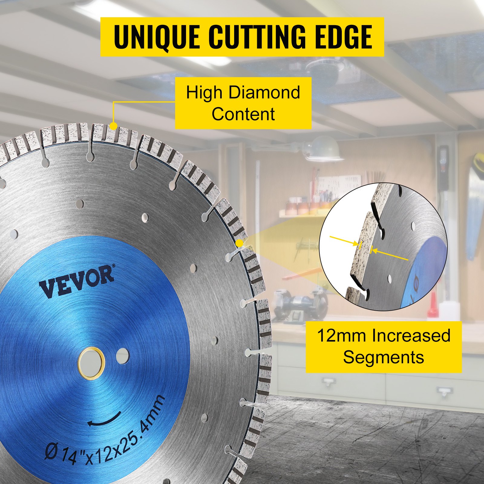 Hoja de sierra de diamante VEVOR de 14" para hormigón, disco de corte segmentado en seco o húmedo, hoja de sierra húmeda para mampostería, sierra eléctrica de uso general, hoja de segmento de 0,47" de alto, hojas de diamante para hormigón, ladrillo, bloque y mampostería.