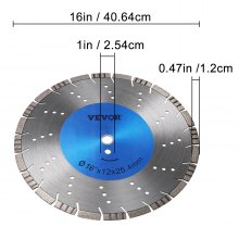 Hoja de diamante VEVOR Hoja de sierra para concreto de 16" Disco de corte segmentado húmedo o seco para mampostería Hoja de sierra húmeda Sierra eléctrica de uso general Hoja de altura de segmento de 12 mm Hojas de diamante para mampostería de bloques de ladrillo de concreto