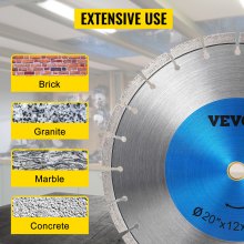 Hoja de diamante VEVOR Hoja de sierra para concreto de 20" Disco de corte segmentado húmedo o seco para mampostería Hoja de sierra húmeda Sierra eléctrica de uso general Hoja de altura de segmento de 12 mm Hojas de diamante para mampostería de bloques de ladrillo de concreto
