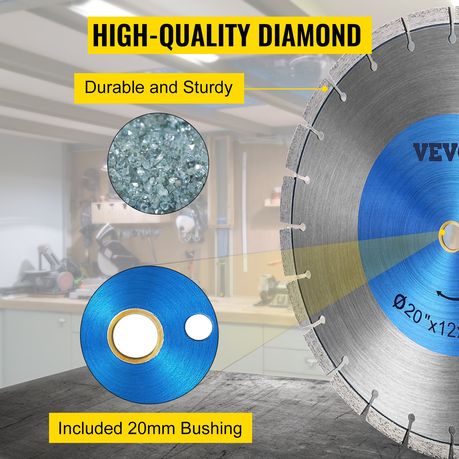 Hoja de sierra de diamante VEVOR de 20", para hormigón, con disco de corte segmentado en seco o húmedo, para mampostería, sierra eléctrica de uso general, con segmento de 12 mm de altura, hojas de diamante para hormigón, ladrillos, bloques y mampostería.