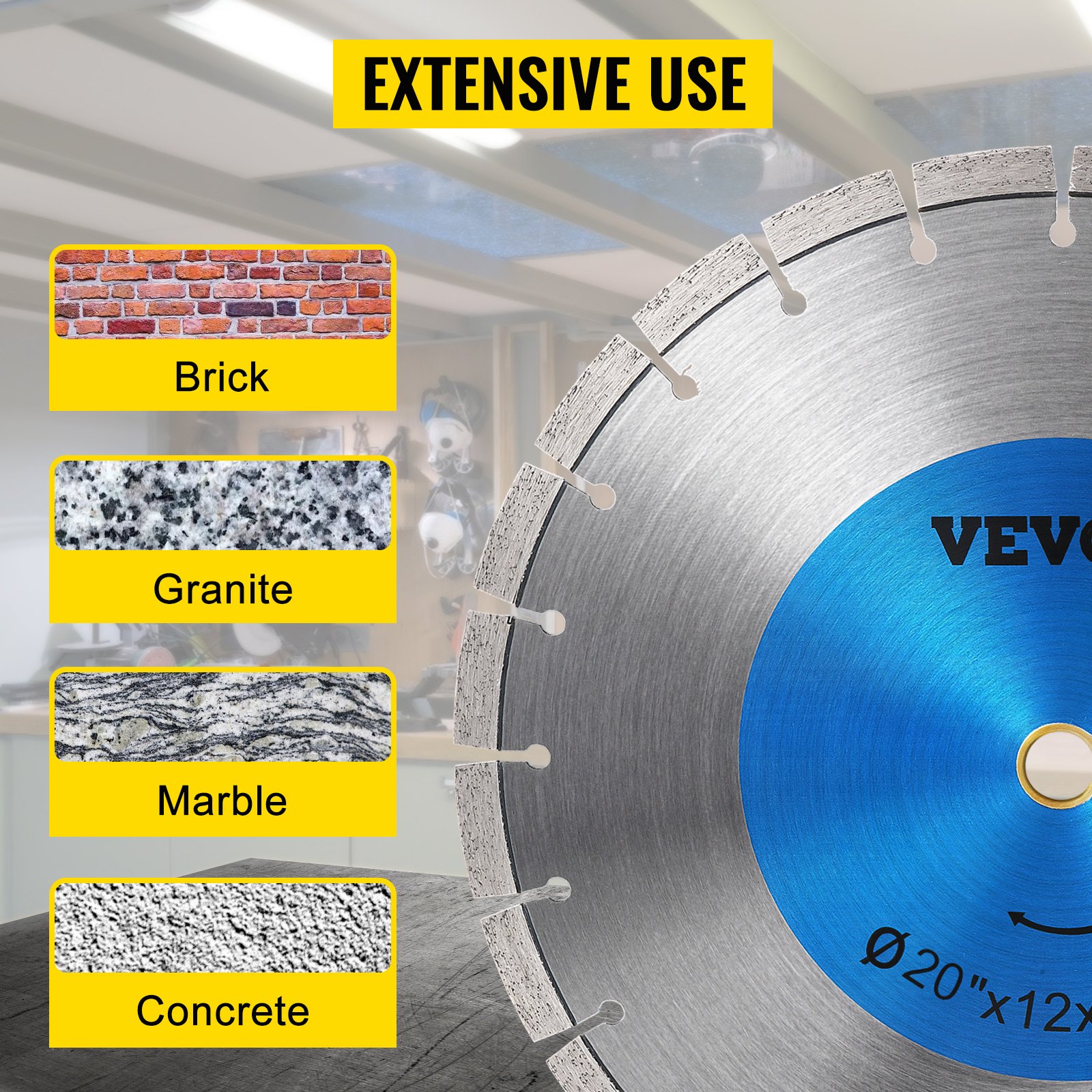 Hoja de sierra de diamante VEVOR de 20", para hormigón, con disco de corte segmentado en seco o húmedo, para mampostería, sierra eléctrica de uso general, con segmento de 12 mm de altura, hojas de diamante para hormigón, ladrillos, bloques y mampostería.