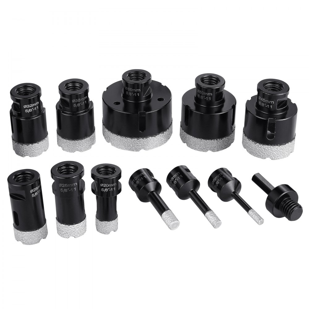 Juego de brocas de diamante VEVOR, 11 unidades, 6/8/10/20/25/28/32/35/45/50/65 mm, con conector de 5/8"-11 y estuche, para superficies secas y húmedas, brocas de diamante para baldosas de cerámica.