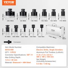 VEVOR Juego de brocas de diamante, 11 piezas 6/8/10/20/25/28/32/35/45/50/65 mm Kit de sierra perforadora de diamante, con conector de 5/8"-11 y estuche de almacenamiento, para seco y Brocas de diamante húmedas para baldosas de cerámica
