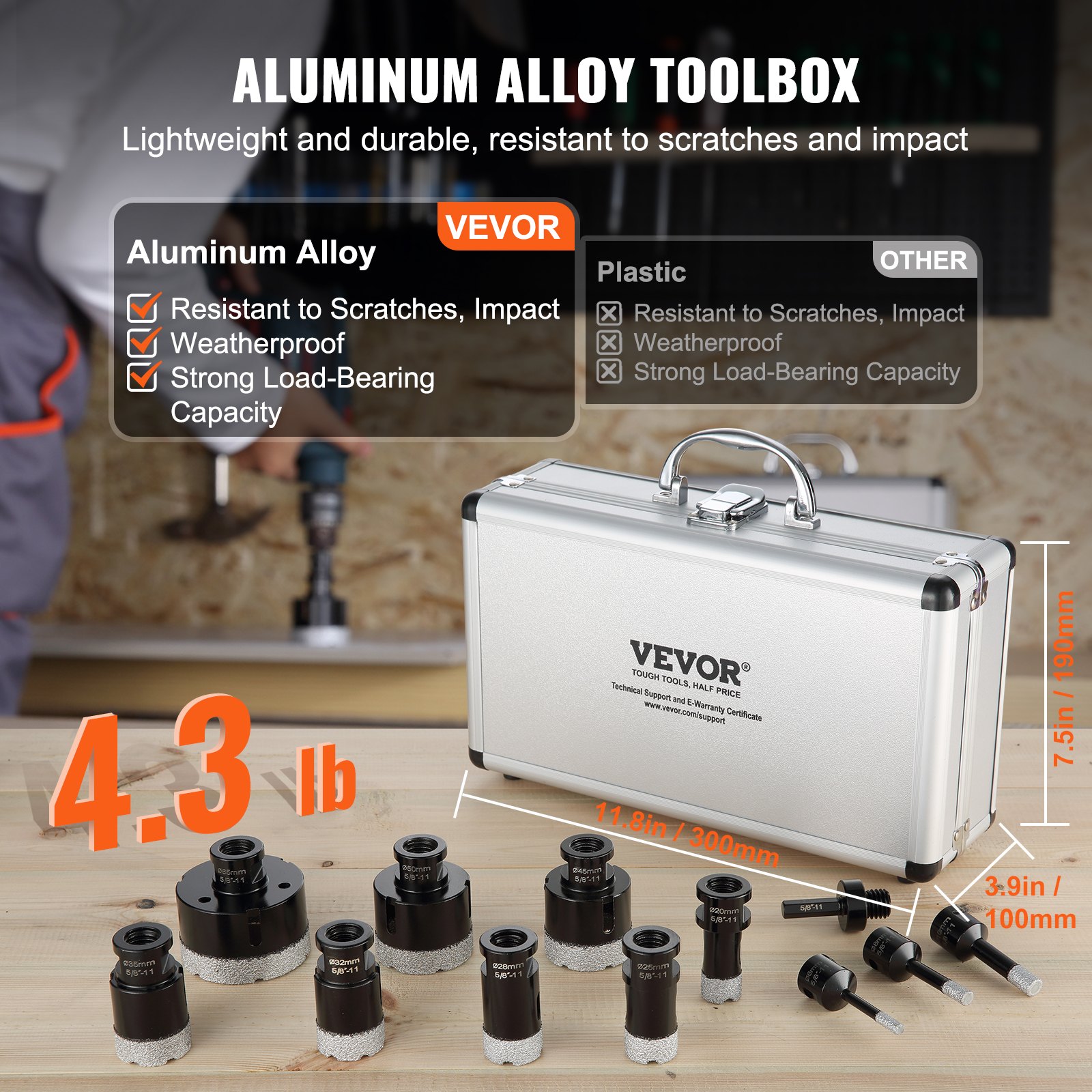 Juego de brocas de diamante VEVOR, 11 unidades, 6/8/10/20/25/28/32/35/45/50/65 mm, con conector de 5/8"-11 y estuche, para superficies secas y húmedas, brocas de diamante para baldosas de cerámica.