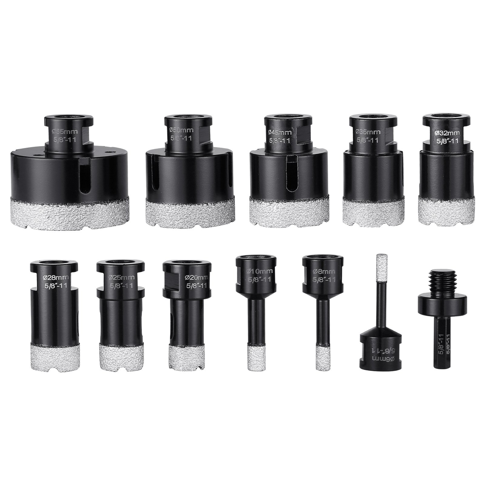 Juego de brocas de diamante VEVOR, 11 unidades, 6/8/10/20/25/28/32/35/45/50/65 mm, con conector de 5/8"-11 y estuche, para superficies secas y húmedas, brocas de diamante para baldosas de cerámica.