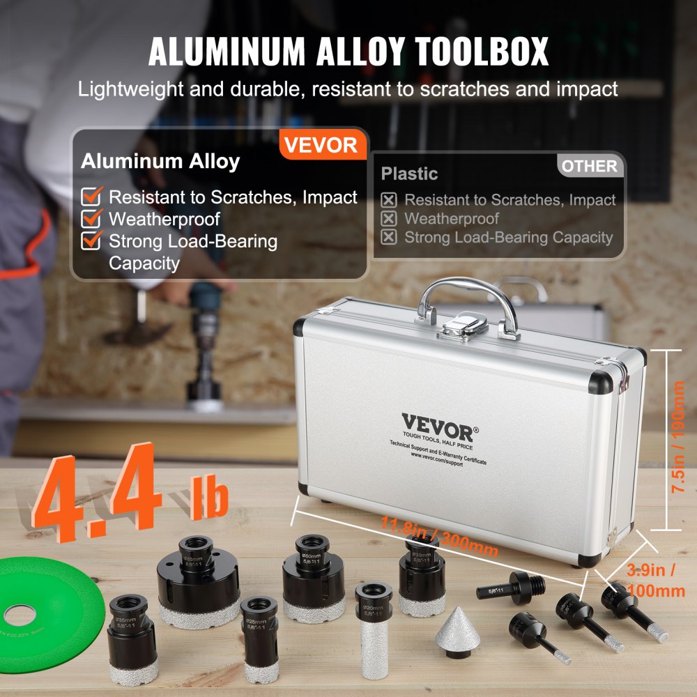 VEVOR Juego de brocas de diamante para perforación de núcleo, 8 piezas de 6/8/10/25/35/38/50/65 mm, con broca de fresado de dedo, hoja de sierra cónica y estuche, para uso en seco y húmedo, brocas de diamante para baldosas de cerámica.