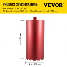 Broca sacatestigos de diamante VEVOR, broca sacatestigos de 8"/203 mm de diámetro, broca sacatestigos de hormigón de 14"/355 mm, broca sacatestigos con rosca de 5/8"-11, broca sacatestigos para perforación en seco/húmedo con cuchilla, broca sacatestigos en húmedo de diamante para hormigón Ladrillo