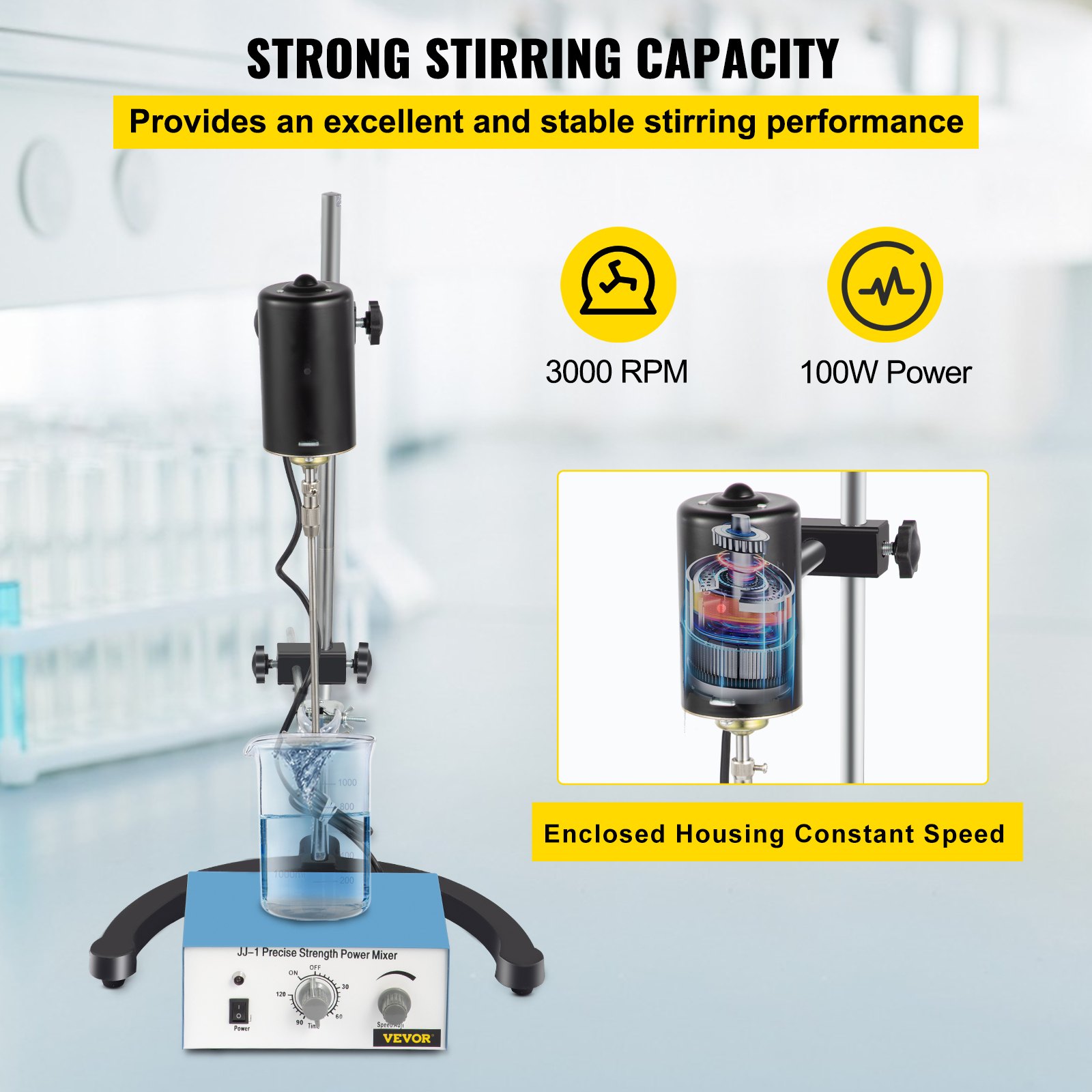 VEVOR Agitador de Laboratorio Mezclador agitador eléctrico de 0 a 3000 Rpm mezclador agitador superior de 100 W agitador superior de 0 a 120 minutos