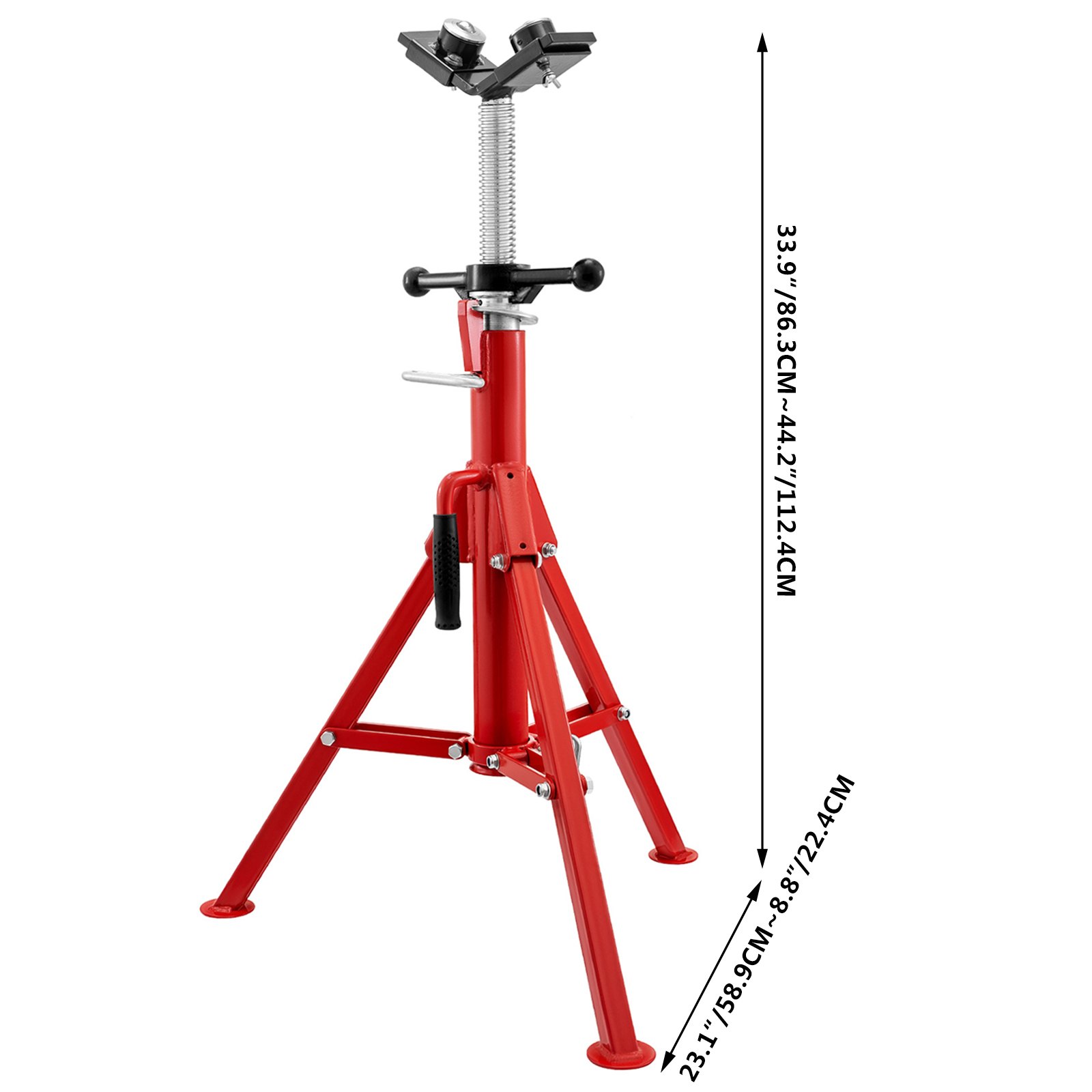 Soporte de gato para tubos VEVOR rojo con altura ajustable, base de trípode resistente y soporte para tubos.