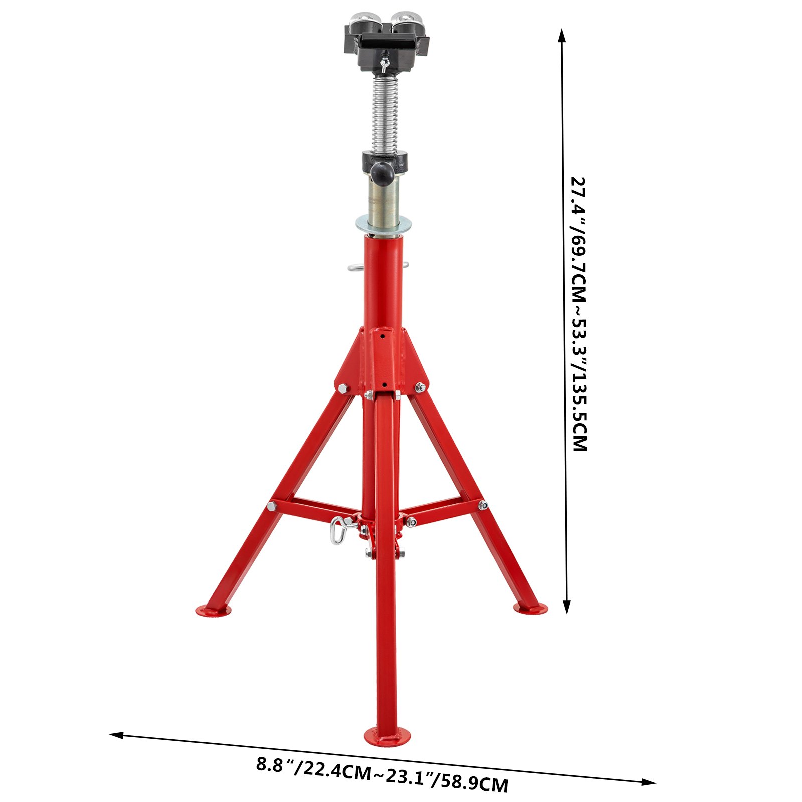 Soporte de gato para tubos VEVOR, trípode rojo ajustable con dimensiones en pulgadas y centímetros.