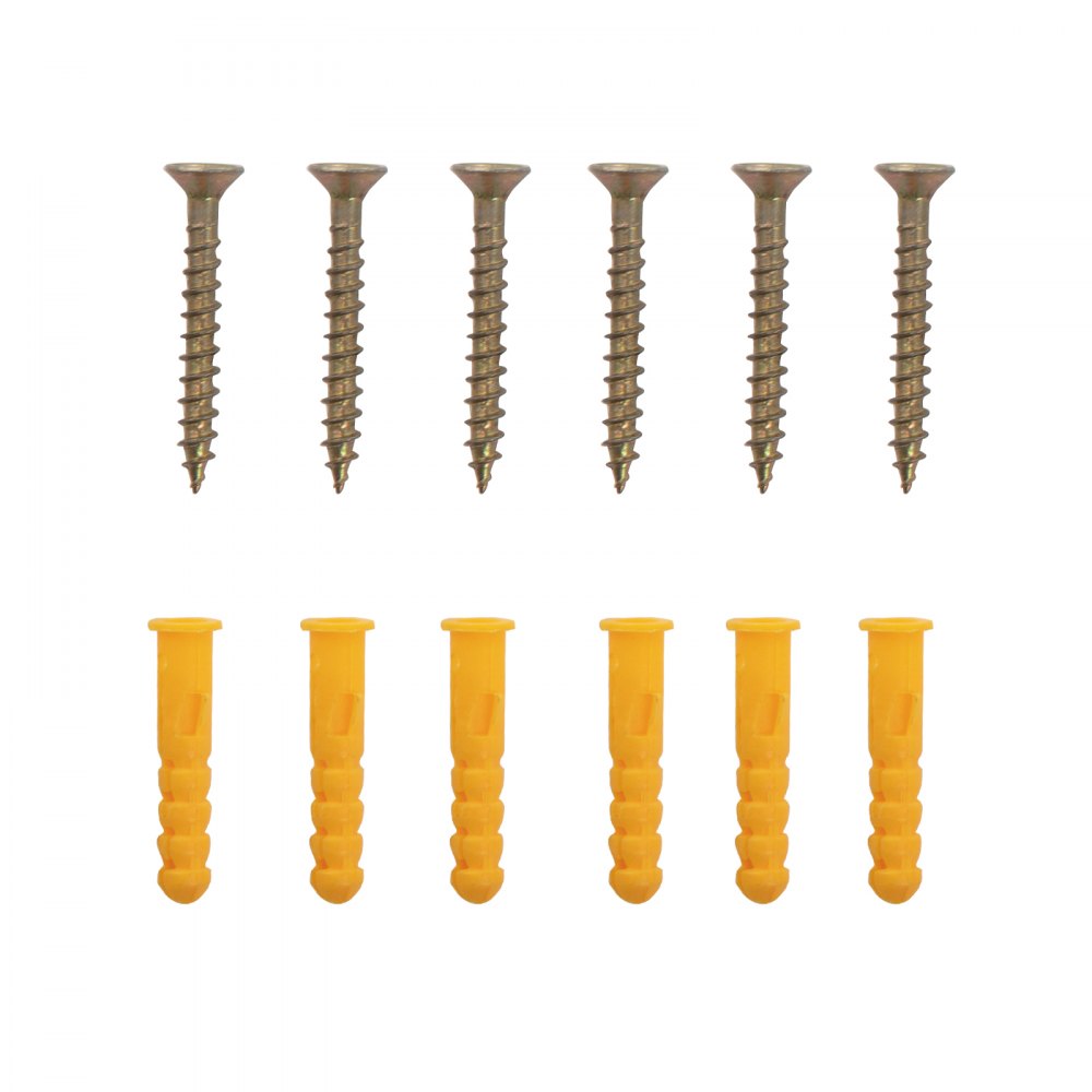 Juego de herrajes de montaje con seis tornillos y seis anclajes de pared amarillos para botellero de vino montado en la pared VEVOR.