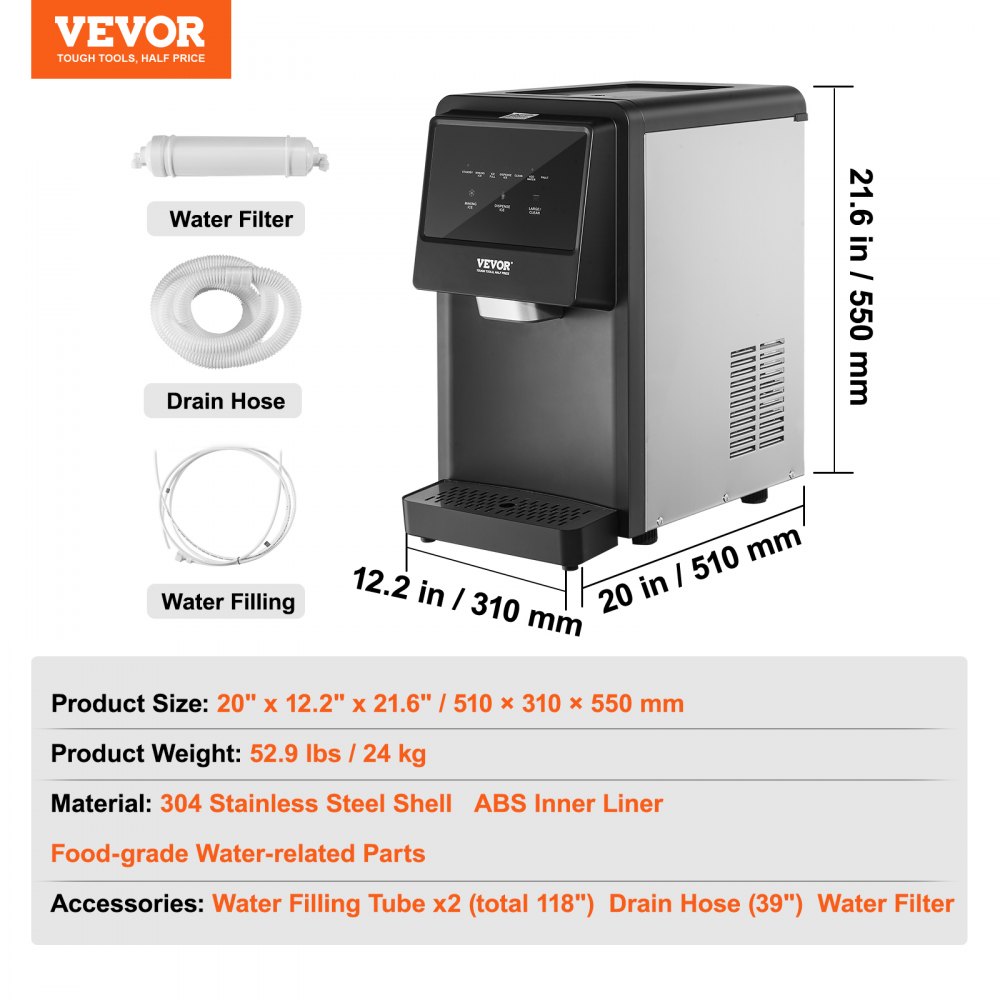 VEVOR Máquina de hielo de encimera, 28 kg en 24 horas, máquina de hielo portátil con autolimpieza, con tubo de llenado de agua, filtro de agua y desagüe, máquina de hielo con recarga automática de agua para el hogar, la cocina, la oficina y fiestas.