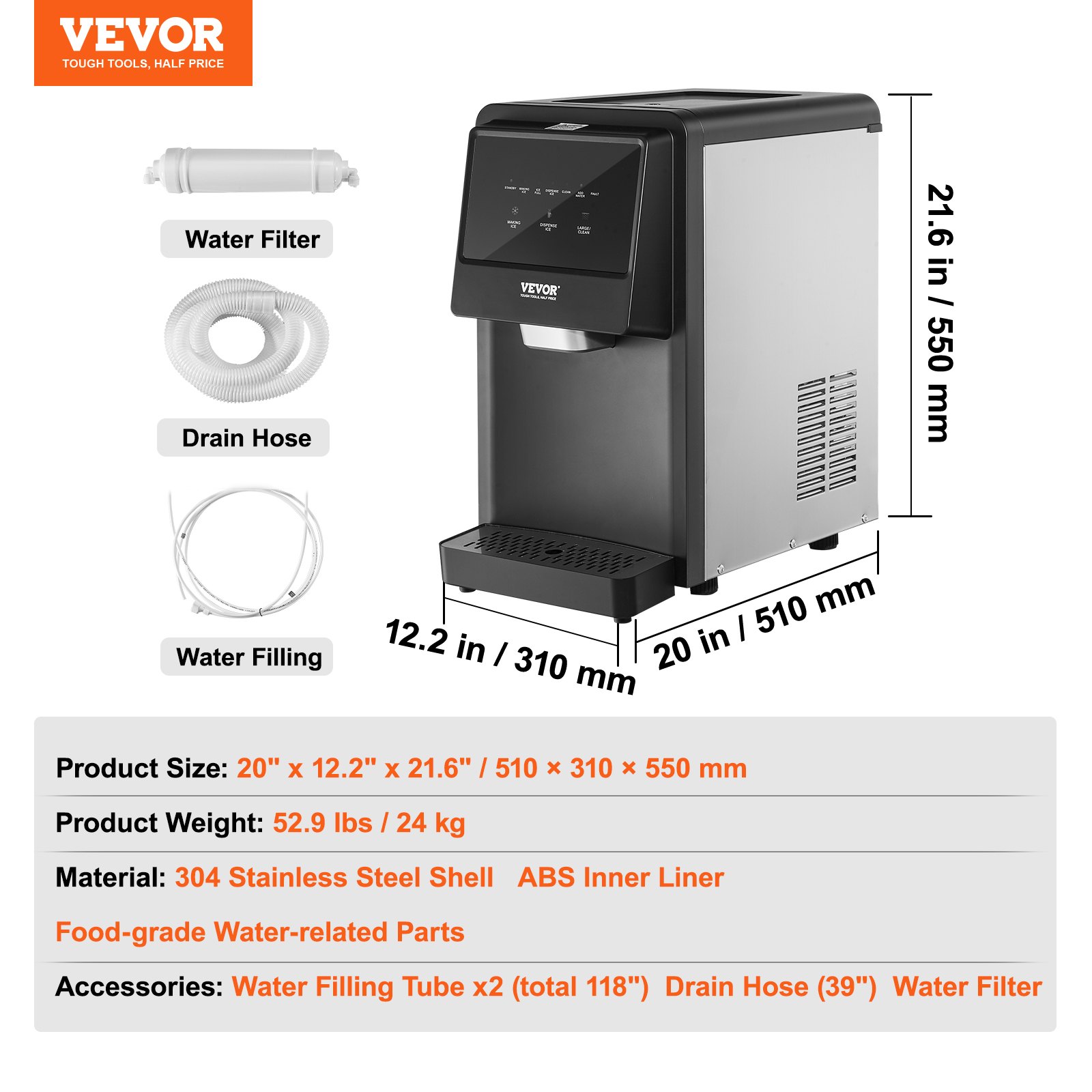 VEVOR Máquina de hielo de encimera, 28 kg en 24 horas, máquina de hielo portátil con autolimpieza, con tubo de llenado de agua, filtro de agua y desagüe, máquina de hielo con recarga automática de agua para el hogar, la cocina, la oficina y fiestas.