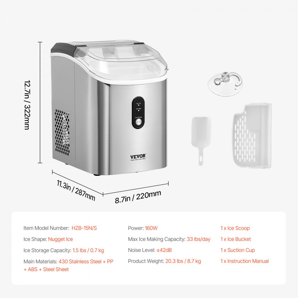 VEVOR Máquina de hielo en pepitas, 15 kg/24 h, autolimpiable, masticable, con pala y cesta, de acero inoxidable con tapa transparente para el hogar, la cocina, la oficina, el bar o la fiesta.