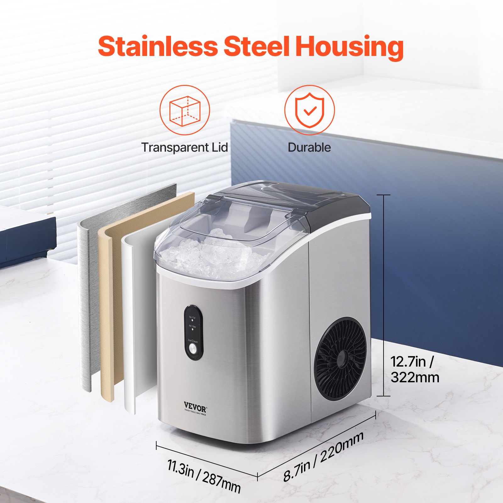 VEVOR Máquina de hielo en pepitas, 15 kg/24 h, autolimpiable, masticable, con pala y cesta, de acero inoxidable con tapa transparente para el hogar, la cocina, la oficina, el bar o la fiesta.