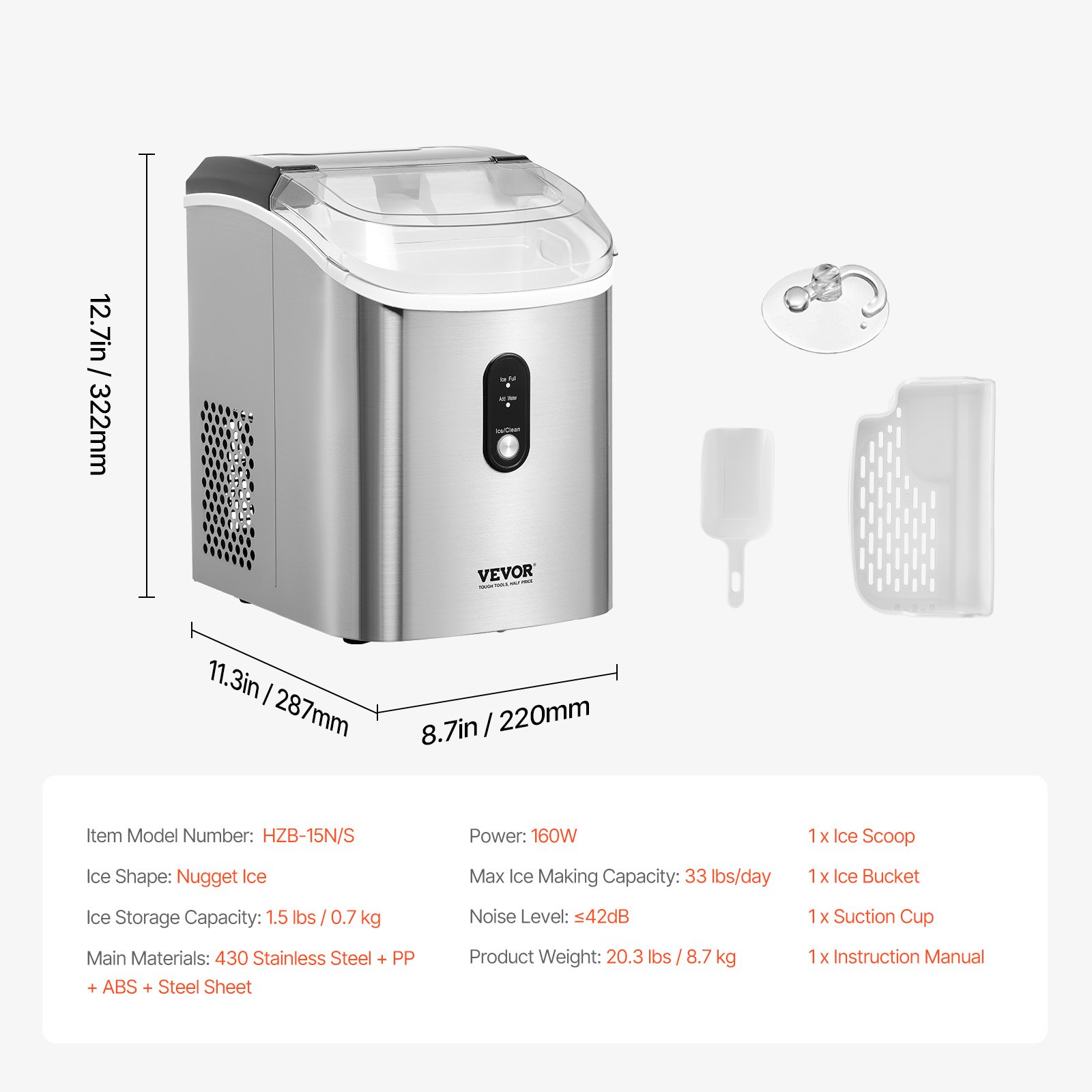 VEVOR Máquina de hielo en pepitas, 15 kg/24 h, autolimpiable, masticable, con pala y cesta, de acero inoxidable con tapa transparente para el hogar, la cocina, la oficina, el bar o la fiesta.