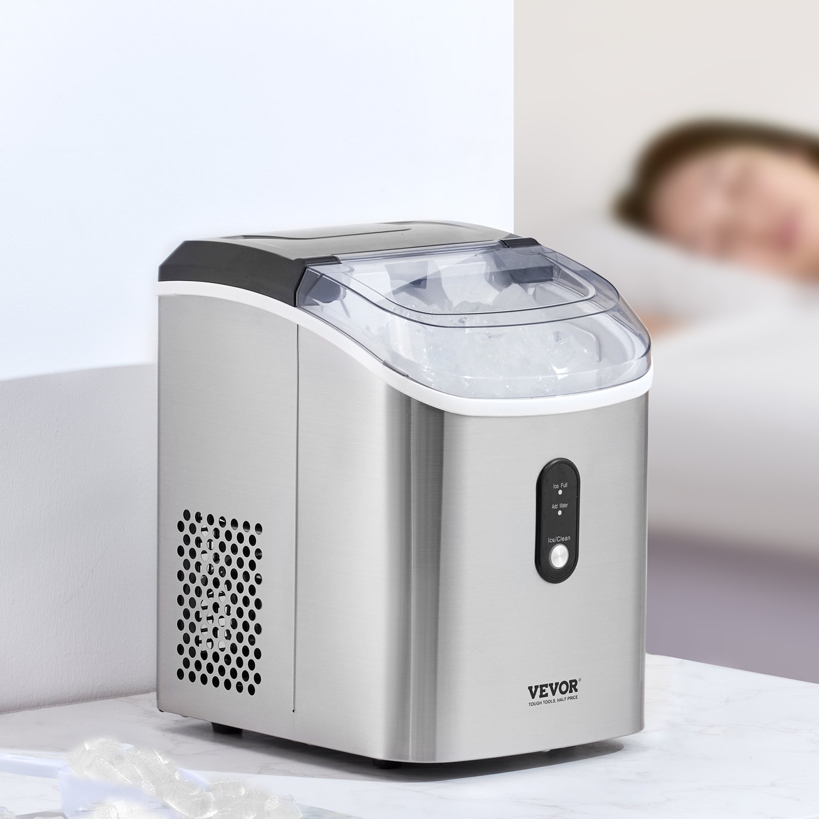 VEVOR Máquina de hielo en pepitas, 15 kg/24 h, autolimpiable, masticable, con pala y cesta, de acero inoxidable con tapa transparente para el hogar, la cocina, la oficina, el bar o la fiesta.
