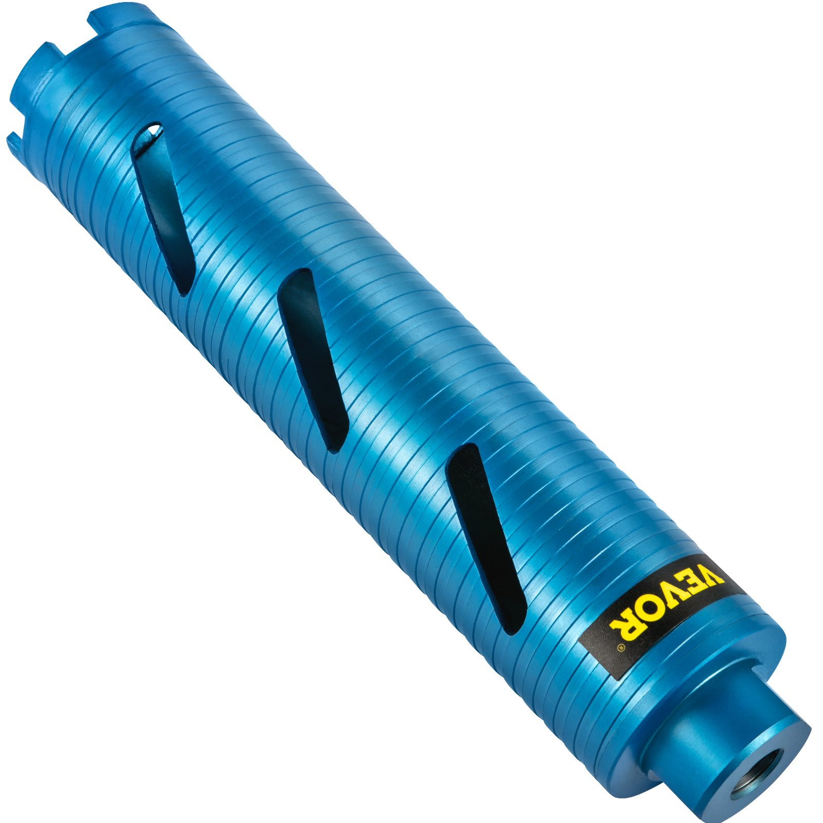 Broca de núcleo VEVOR azul con logotipo amarillo y aberturas ranuradas.
