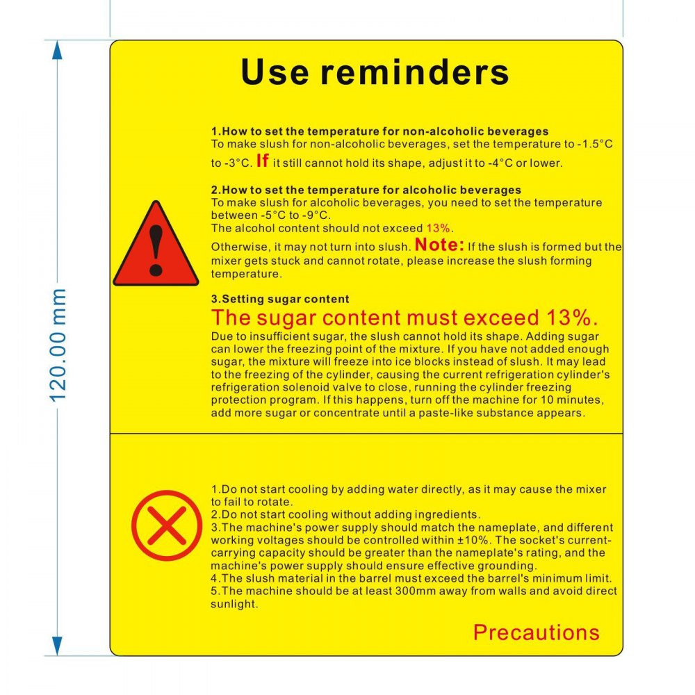 Recordatorios de uso de la máquina de granizados VEVOR, configuraciones de temperatura, instrucciones sobre el contenido de azúcar y precauciones.