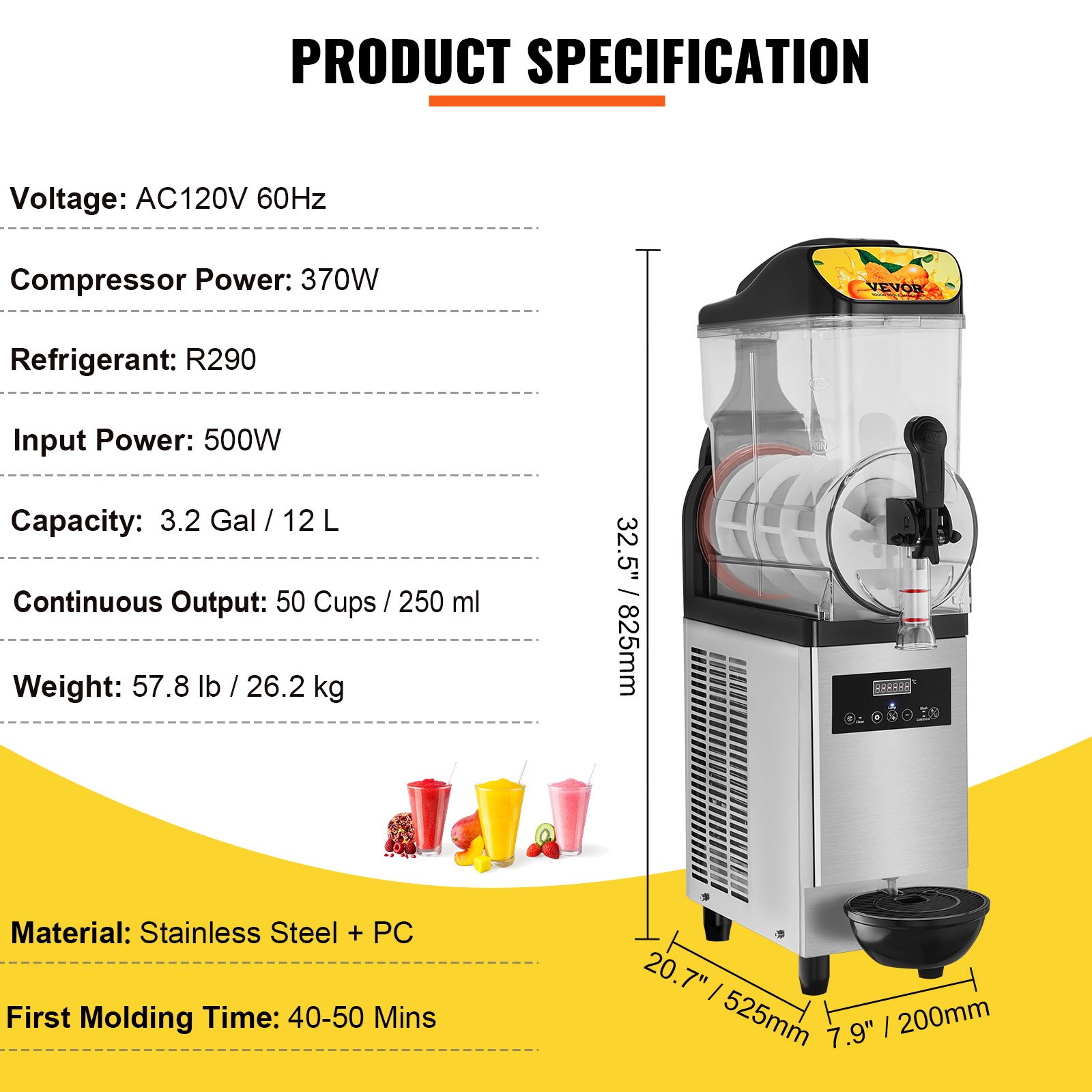 Especificaciones de la máquina para granizados VEVOR: 3,2 galones, 370 W, 500 W, R290, 50 tazas, 57,8 lb, acero inoxidable + PC, 40-50 min.
