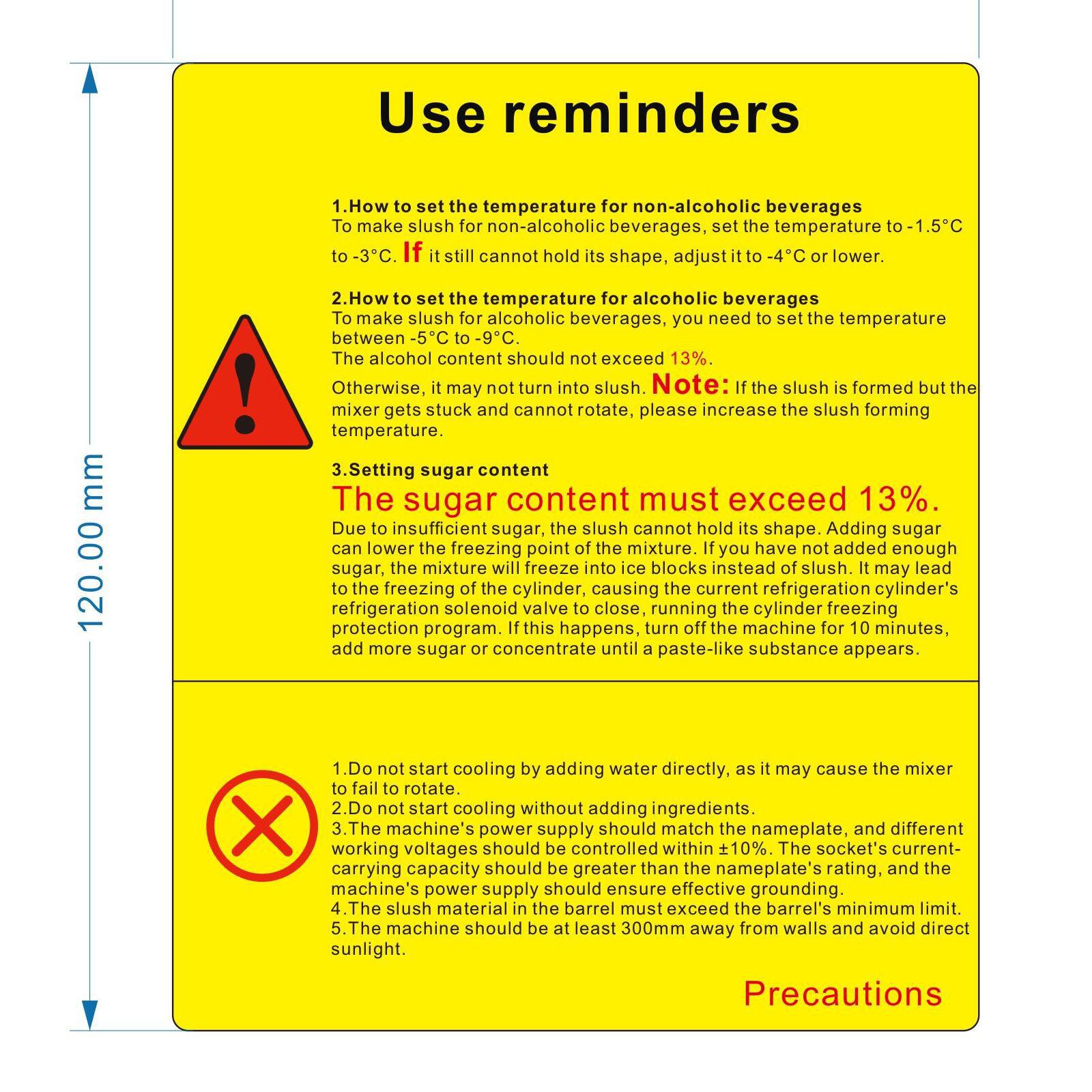 Recordatorios de uso de la máquina de granizados VEVOR, configuraciones de temperatura, instrucciones sobre el contenido de azúcar y precauciones.