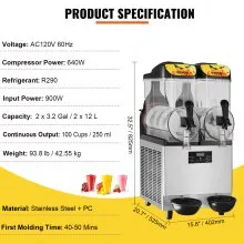 VEVOR Máquina de Granizados Comercial Maquina para frappe 24L/6.4Gal Dos Tazones 100 Tazas Margarita Smoothie Frozen Drink Maker Máquina de Margarita