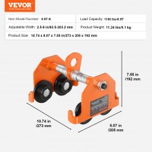 VEVOR Carro manual, capacidad de carga de 1100 lbs/0,5 toneladas, carro de viga de empuje con ruedas dobles, ajustable para ancho de brida de viga en I de 2,5" a 8", polipasto de garaje de acero de aleación resistente para viga en I curva recta