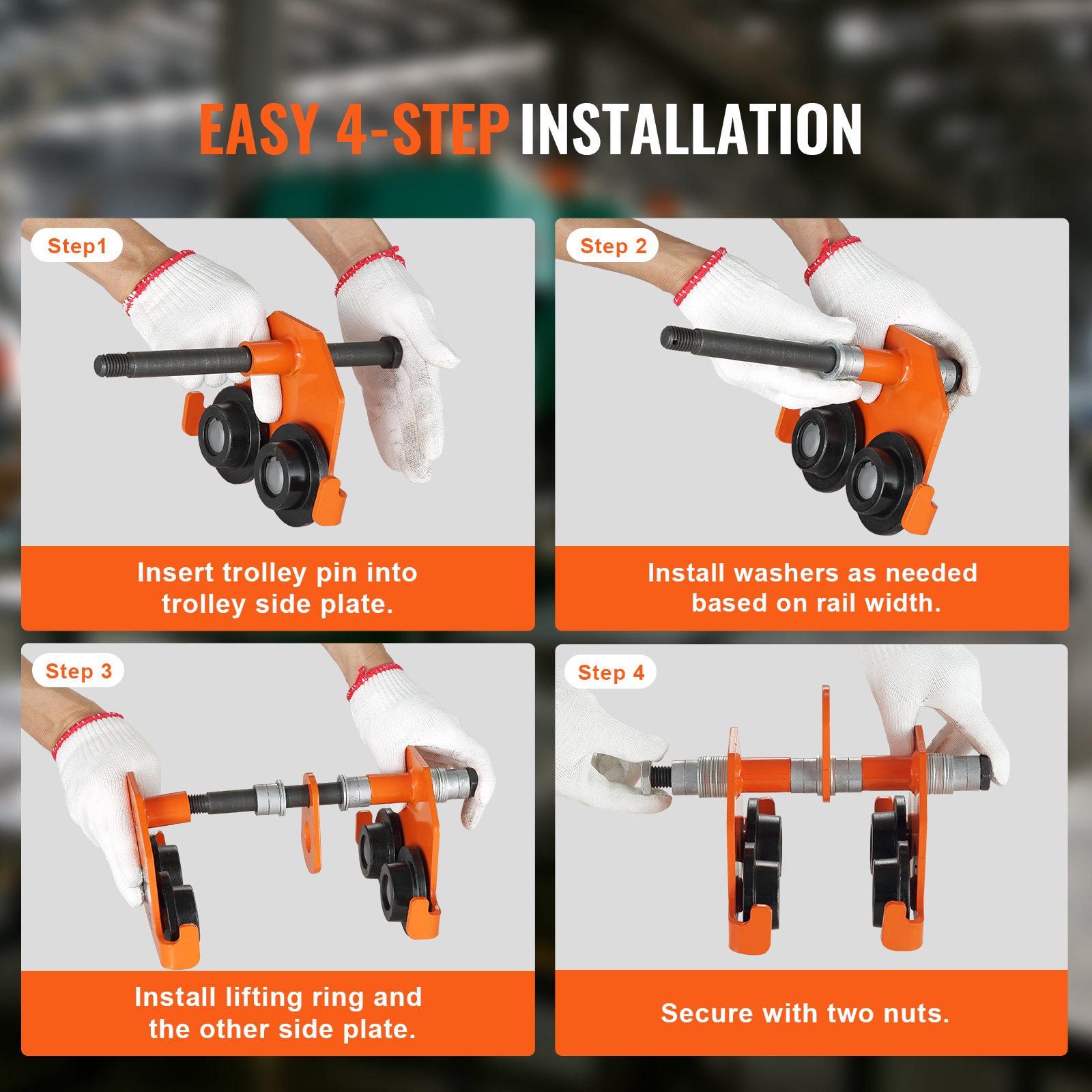 Carro manual VEVOR, capacidad de carga de 1100 lb/0,5 toneladas, carro de empuje con ruedas dobles, ajustable para anchos de brida de vigas en I de 2,5" a 8", polipasto de garaje de acero de aleación resistente para vigas en I rectas y curvas.