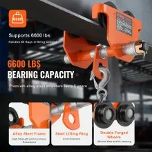 VEVOR Carro manual, capacidad de carga de 6600 lbs/3 toneladas, carro de viga de empuje con ruedas dobles, ajustable para ancho de brida de viga en I de 2.5" a 8", polipasto de garaje de acero de aleación resistente para viga en I curva recta