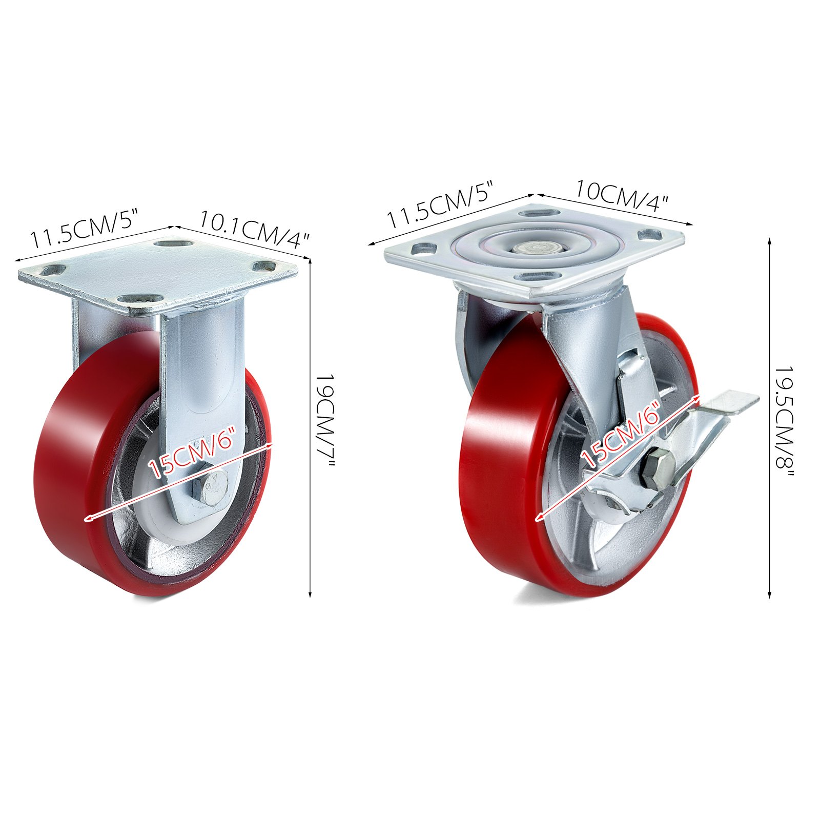 Ruedas giratorias VEVOR rojas y plateadas, dimensiones etiquetadas, comparación lado a lado.
