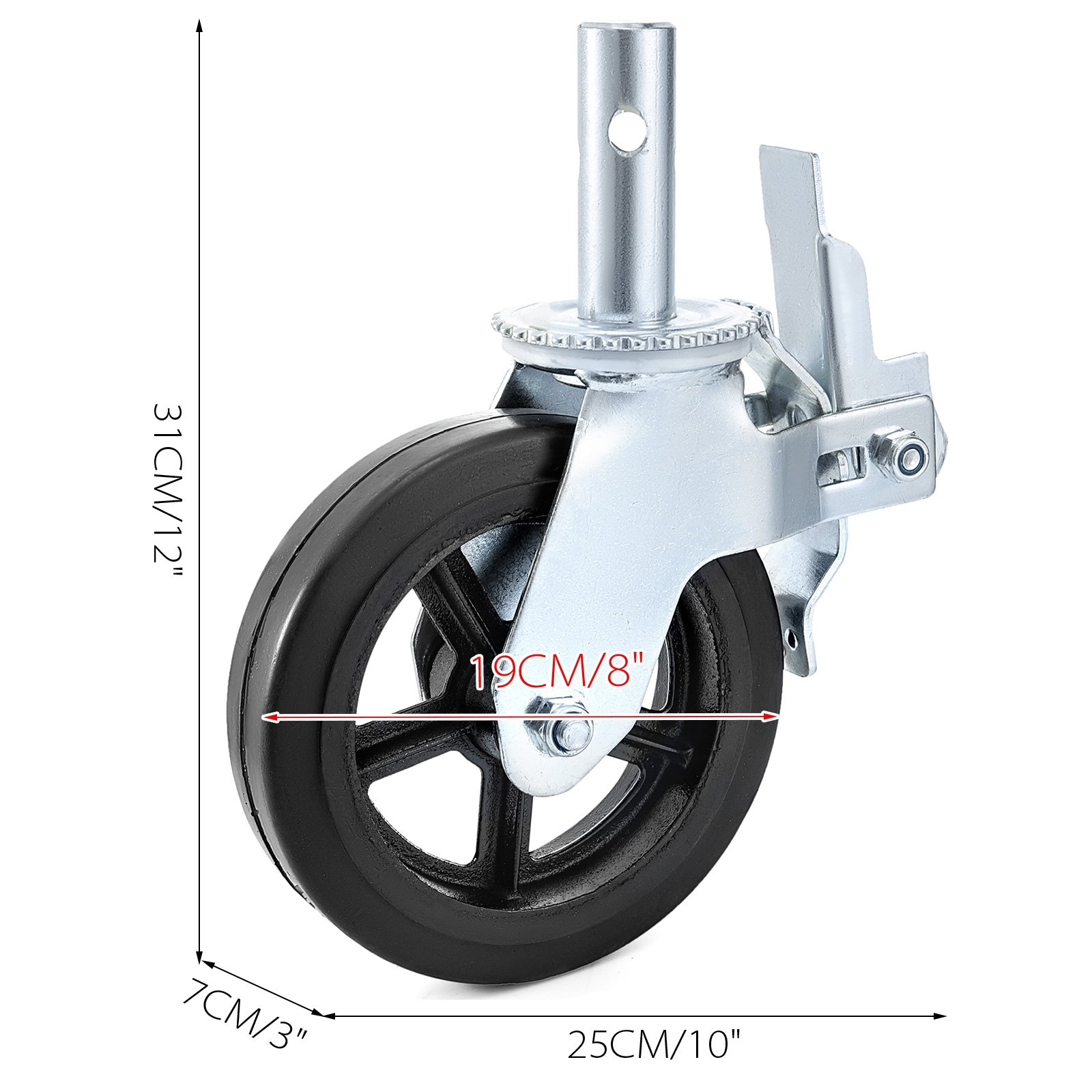 Ruedas giratorias para andamios VEVOR, 31 cm de altura, 25 cm de longitud, 19 cm de diámetro de rueda.