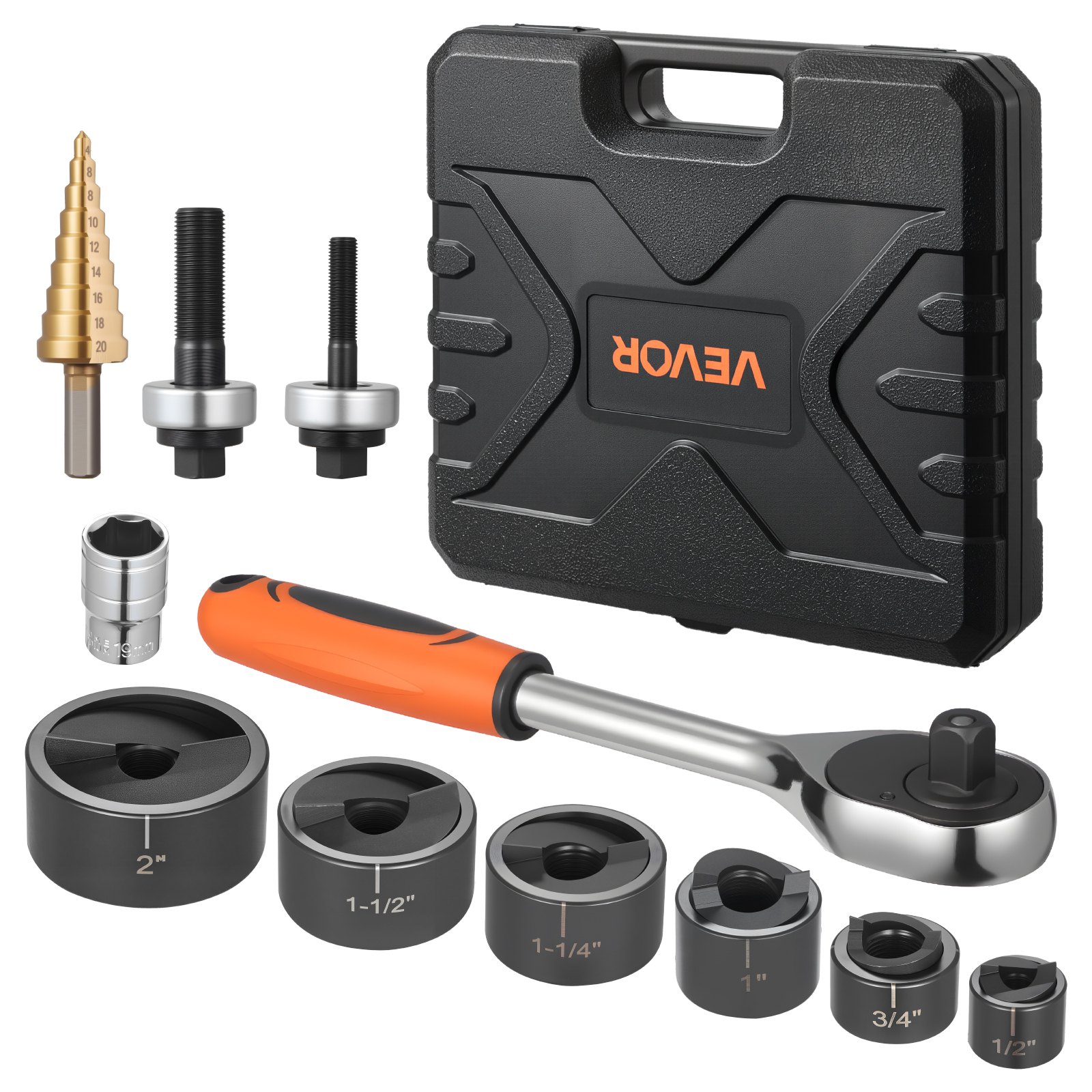 Juego de punzones de extracción VEVOR, juego de punzones de extracción con trinquete SLUG-Buster de 1/2 a 2 pulgadas, juegos de punzones de extracción con llave de trinquete para aluminio, acero dulce, fibra de vidrio, plásticos, 6 tamaños de matriz, kit de herramientas Ko de acero 40Cr