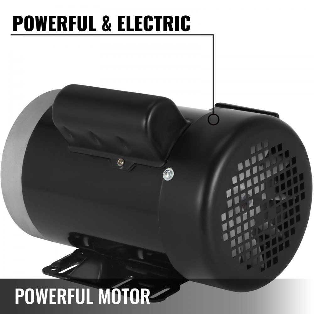 Potente motor eléctrico VEVOR en carcasa negra con rejilla de ventilación.