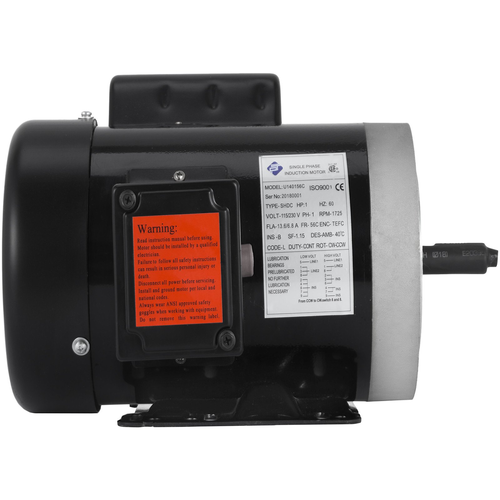 Motor eléctrico VEVOR con etiqueta de especificaciones y pegatina de advertencia.