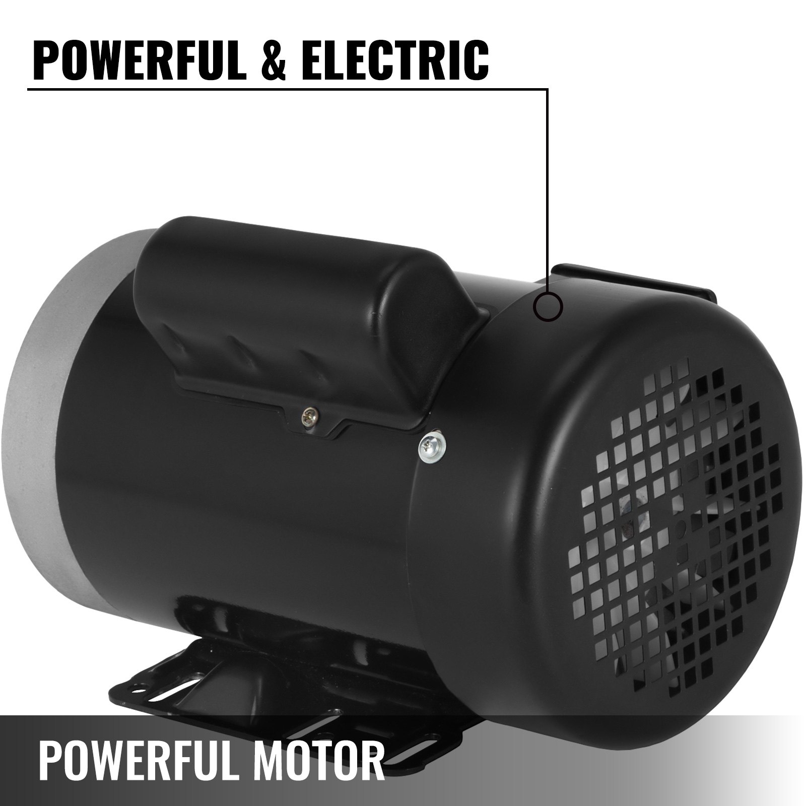 Potente motor eléctrico VEVOR en carcasa negra con rejilla de ventilación.