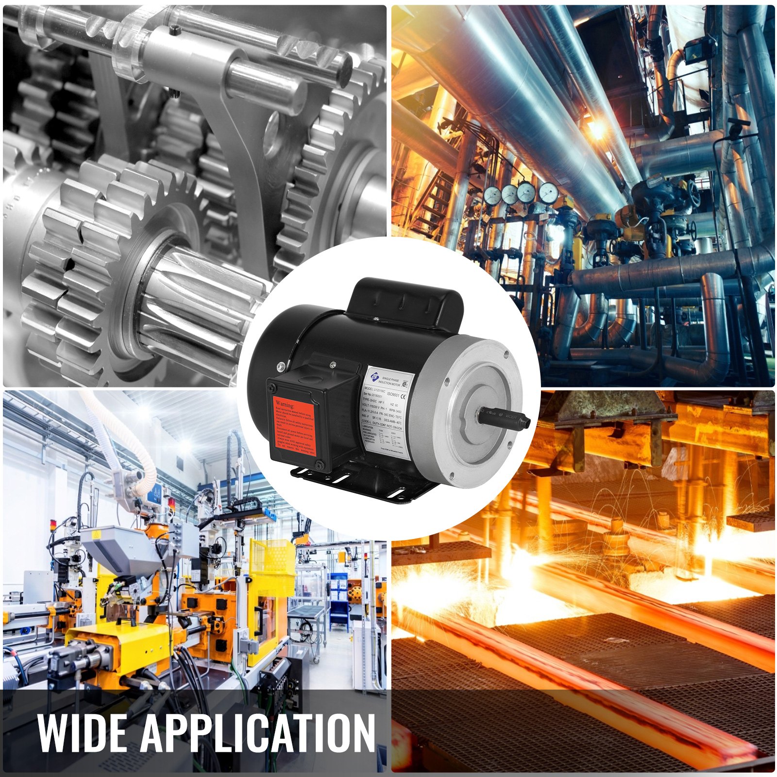 Motor eléctrico VEVOR con diversas aplicaciones industriales mostradas en fabricación y producción.