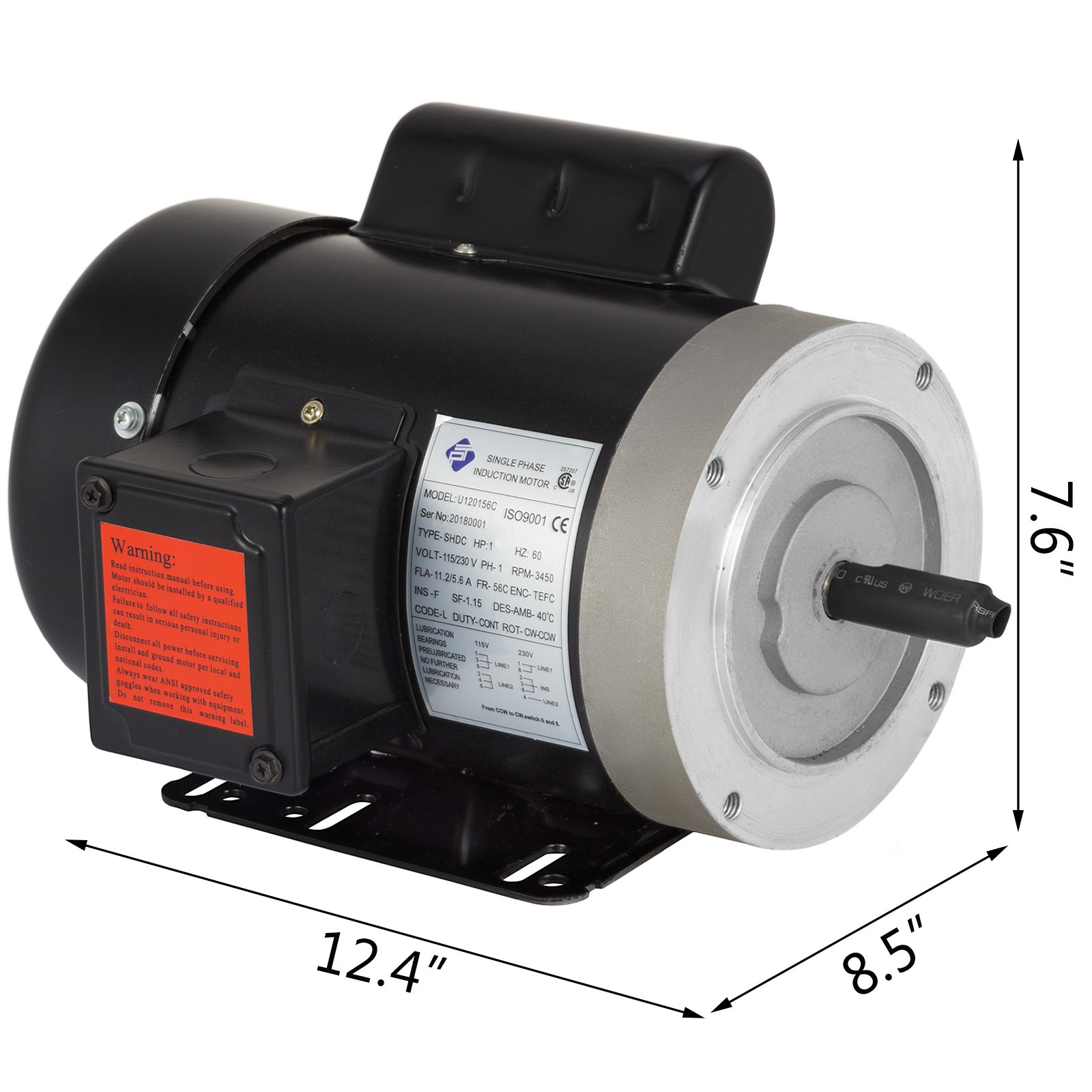 Motor eléctrico VEVOR, 12,4&quot; de largo, 8,5&quot; de ancho, 7,6&quot; de alto, negro con caja de control.